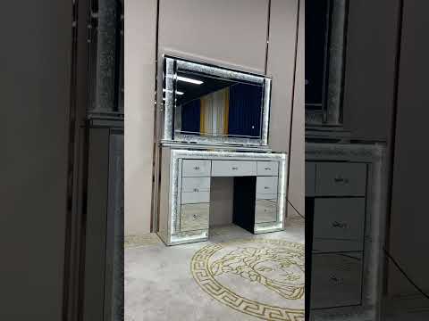 Silver Classy Diamond Crushed Glass Dressing Table and Mirror With Sparkling Led Lights