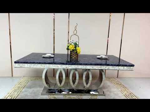 RBM Classic Home, Online Furniture Shop / Store with Luxurious and Stylish Elegant Marble Dining table with 6 Gold Adrian Dining Room Chairs in Silver Stainless Steel Frame