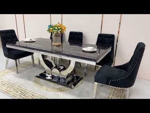 U-Shaped Marble Dining with 8 Black Velvet Dining Room Chairs in Silver Stainless Steel frame