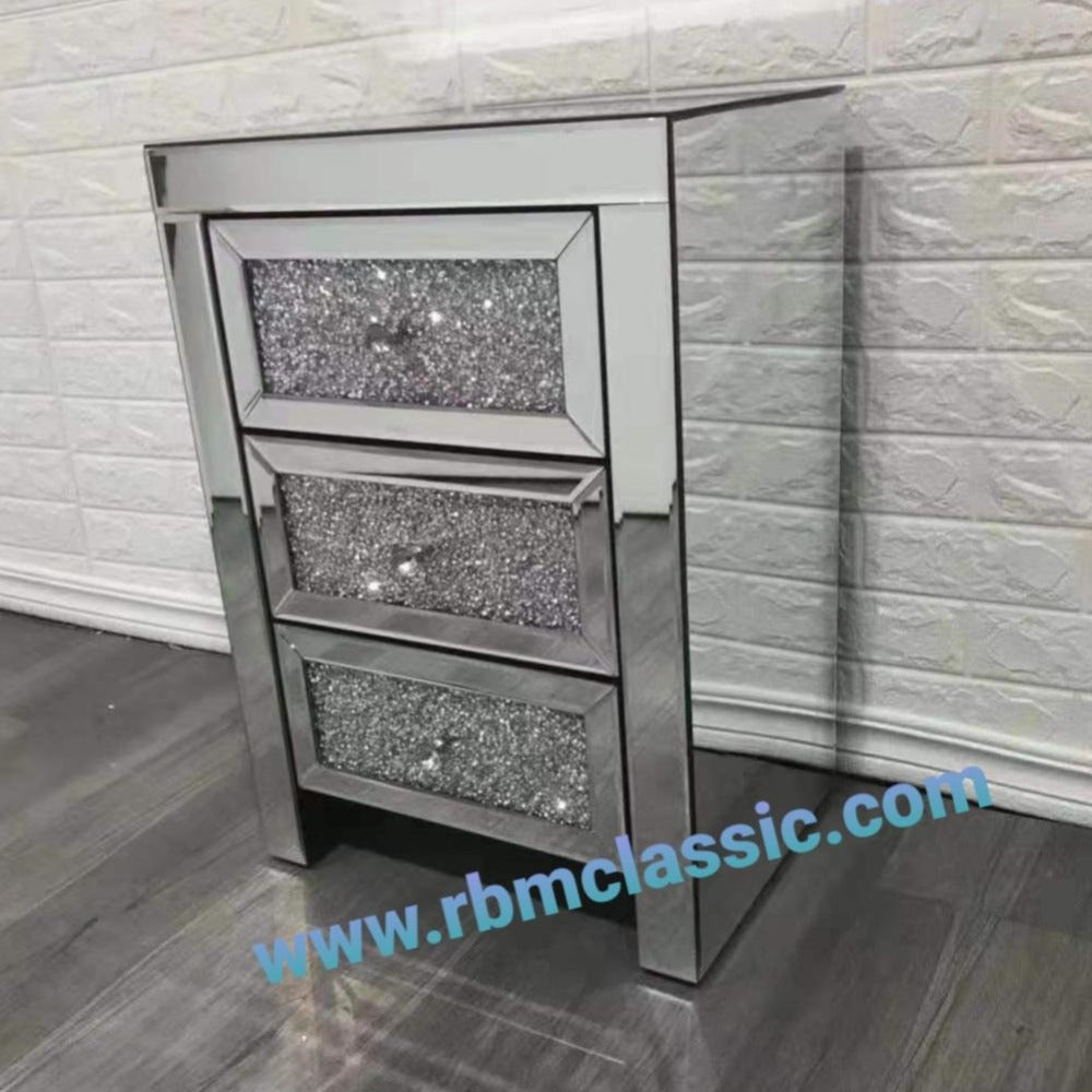 Diamond Crushed Mirrored Glass Bedside Table