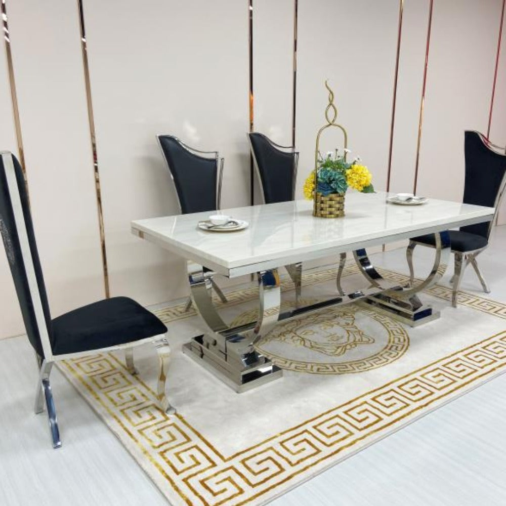 Classic Cream Marble Dining Table With Black Leather Dining Room Chairs in Silver Stainless Steel Frame