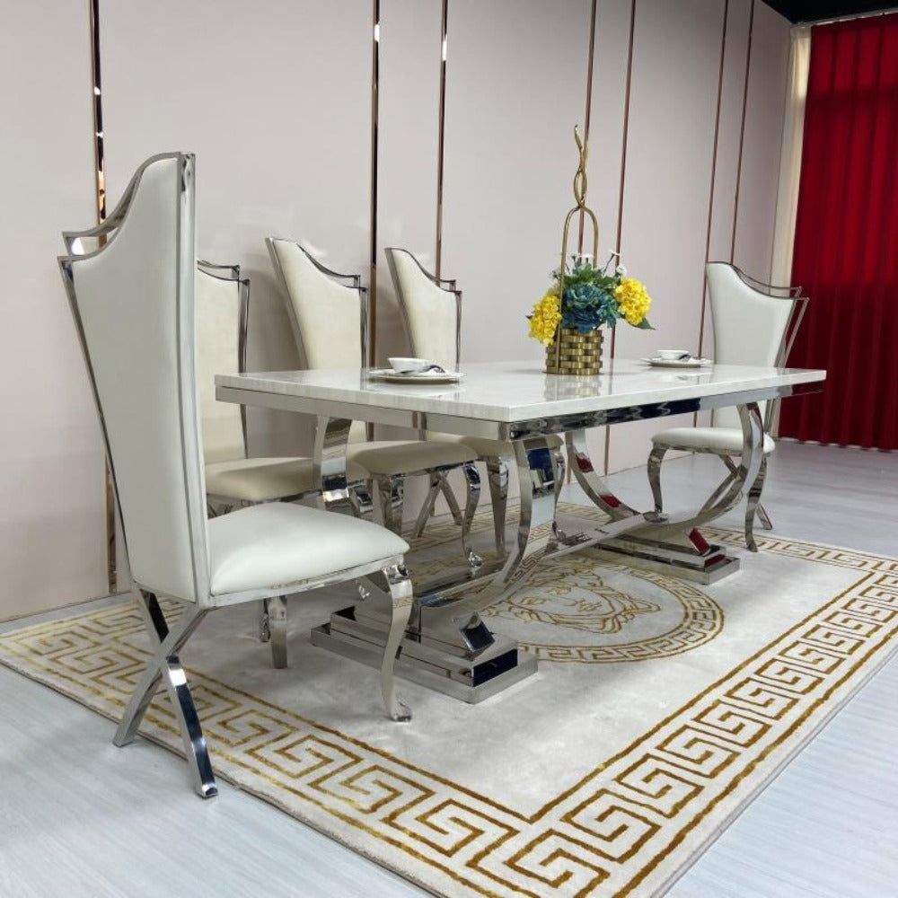 Marble Dining Table with 8 Dining Room Chairs in Silver Stainless Steel frame