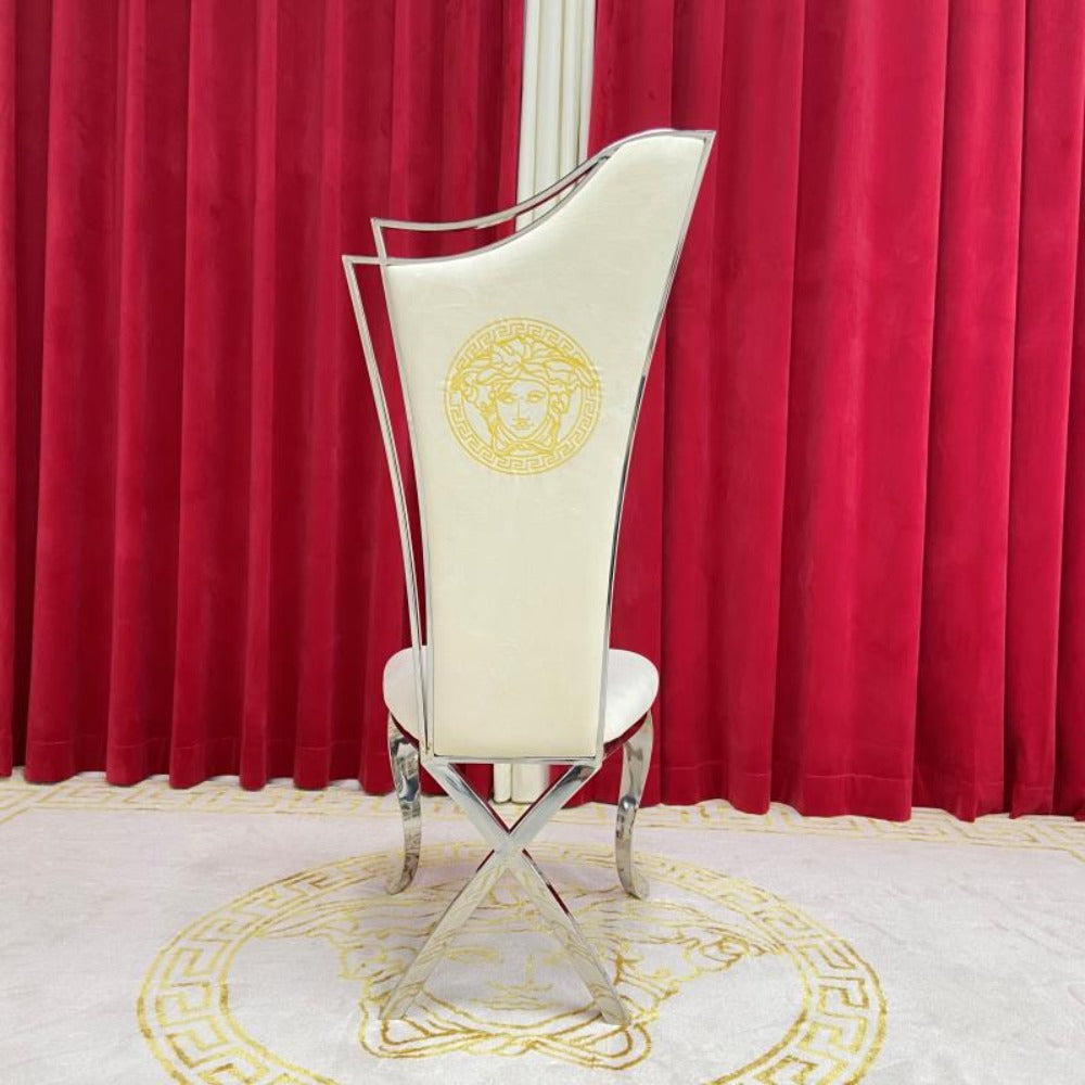 Classy Marble Dining Table With Cream Velvet Classy Versace Style Dining Room Chairs in Silver Stainless Steel Frame