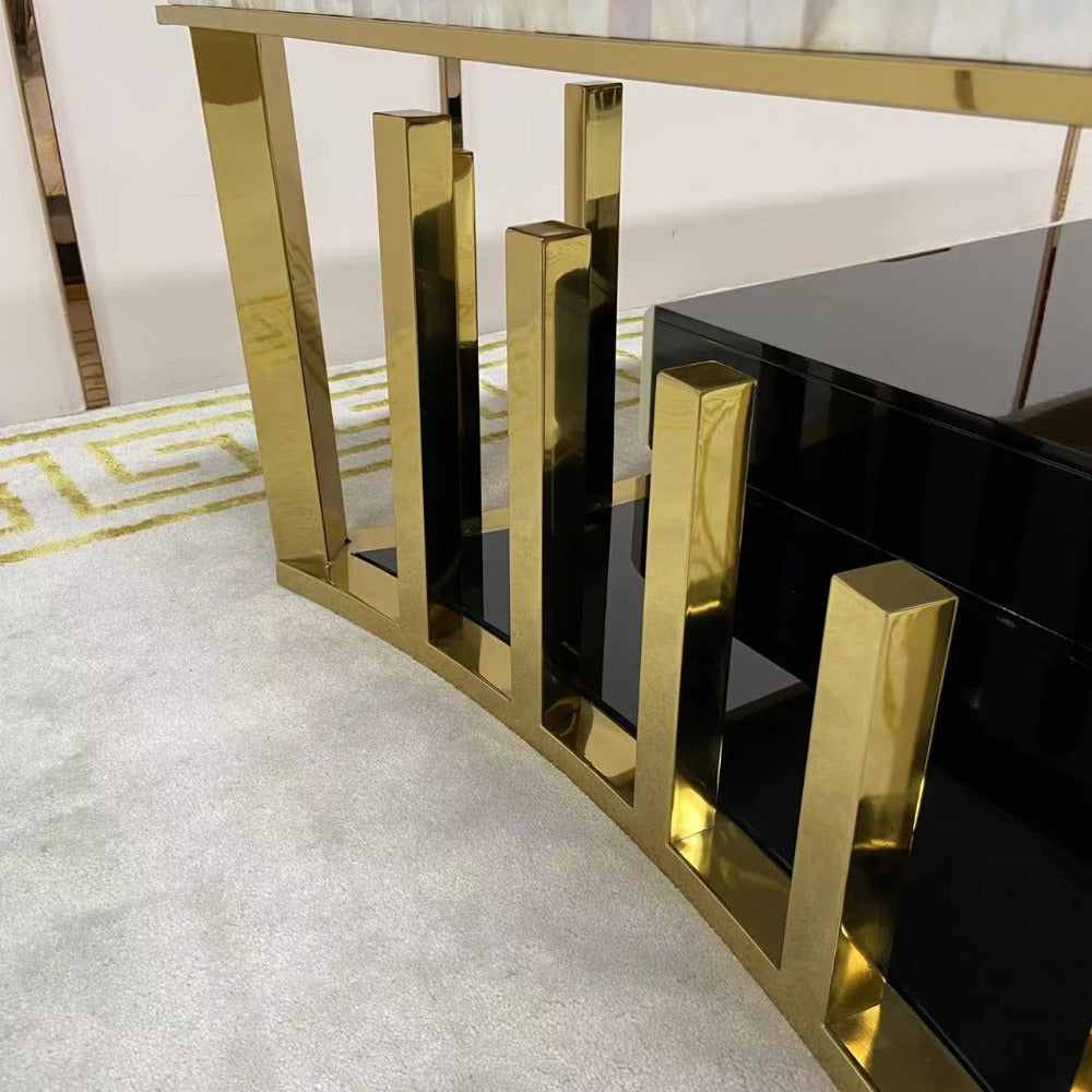 Classy, Luxury and Elegant Modern-Designed Classic TV Stand with 2 Drawers in Gold Stainless Steel Frame