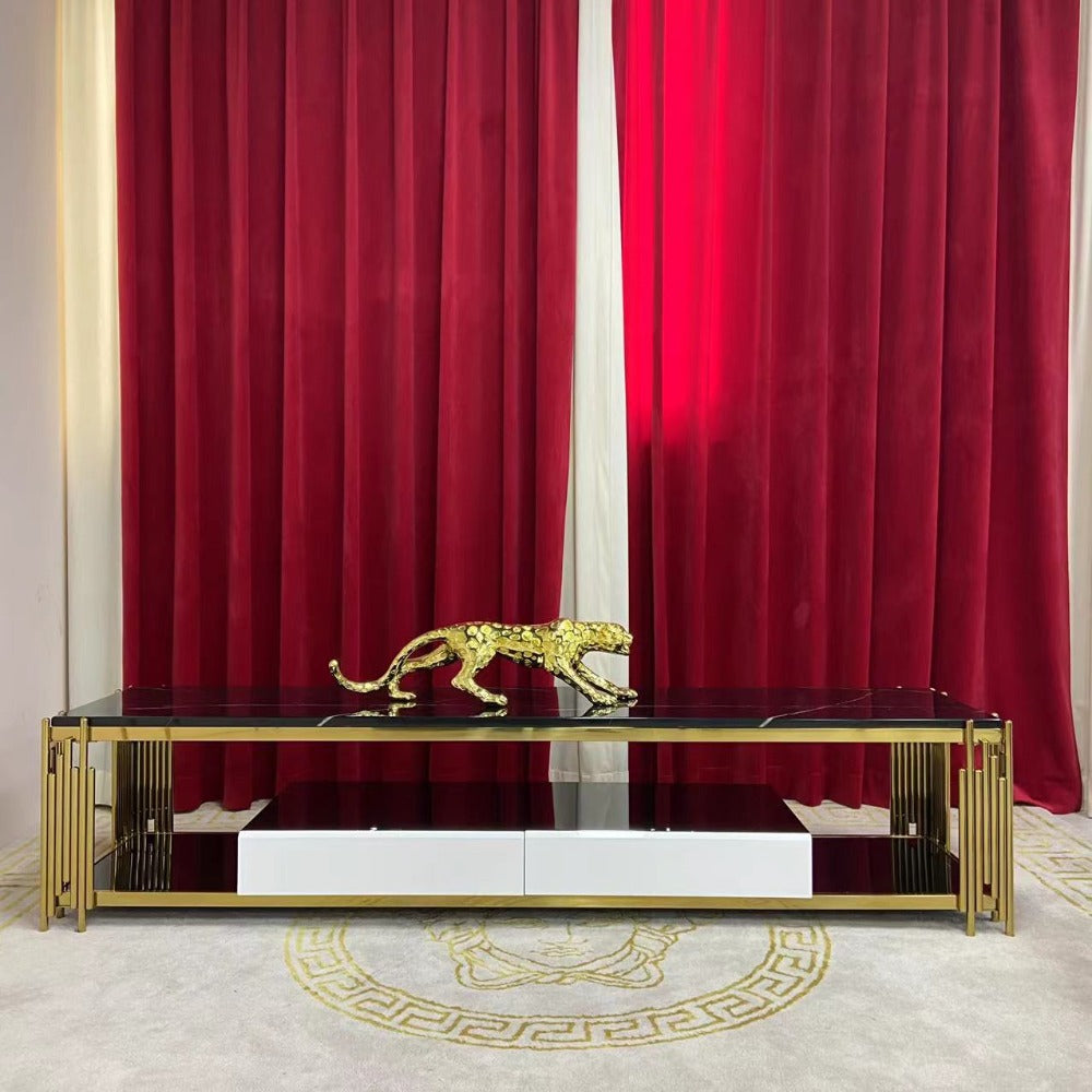 Elegant and Stylish Modern TV Stand with 2 Drawers in Gold Stainless Steel Frame