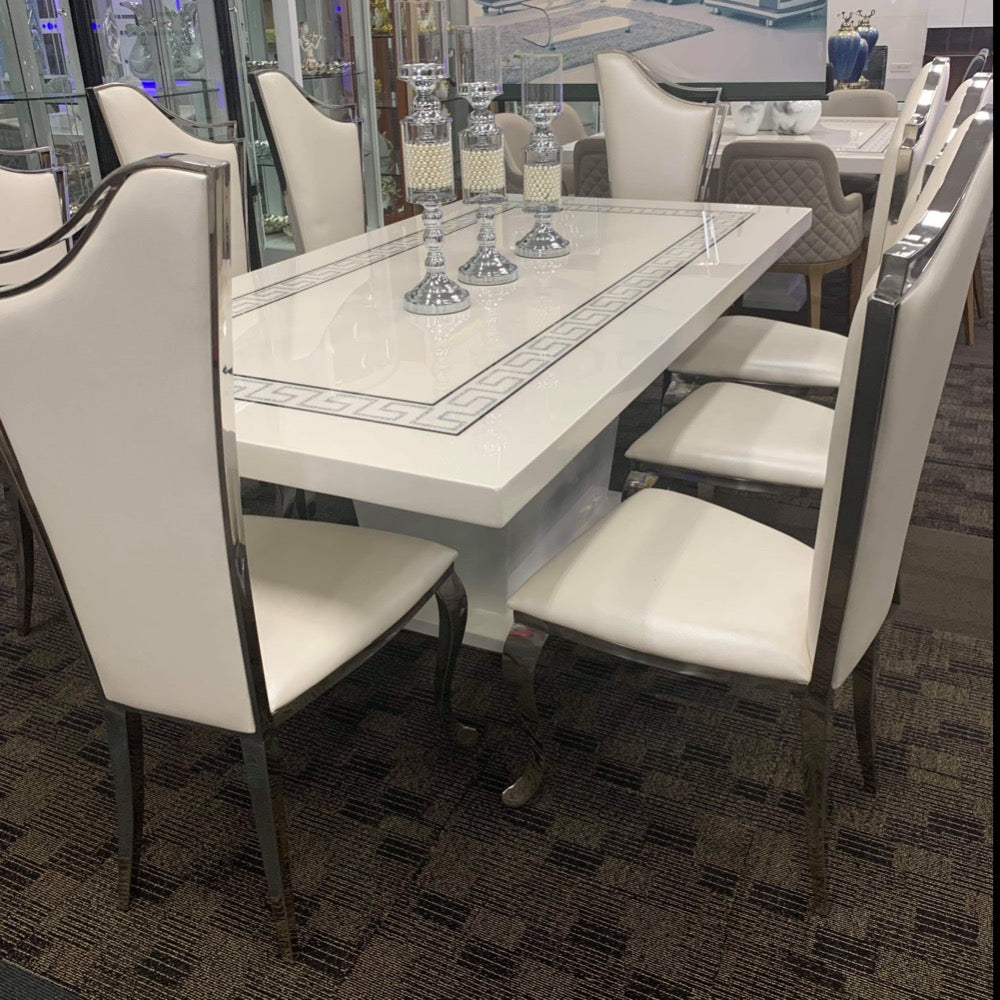 White Marble Dining Table with 8 Stainless Steel frame Dining Room Chairs