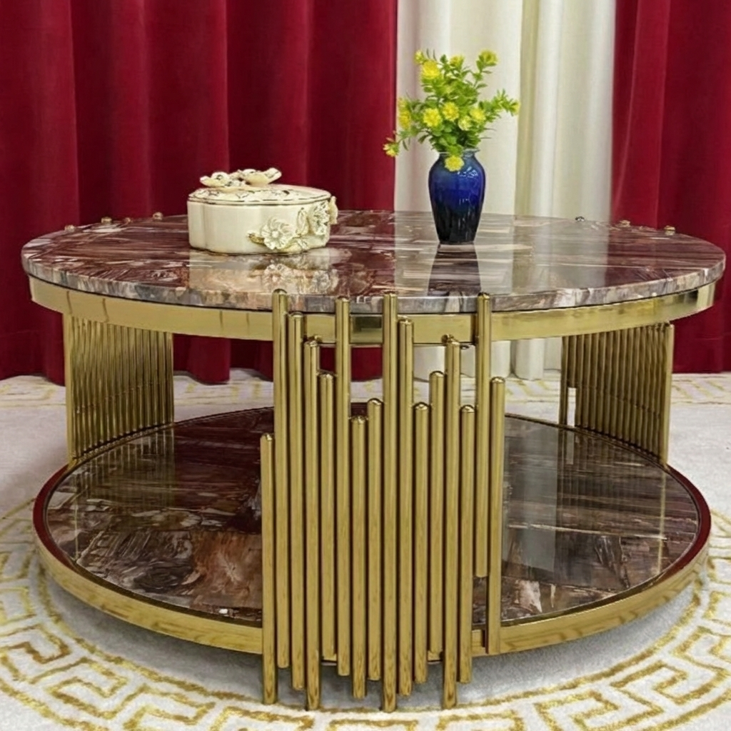 Modern Classy Elegant Circle Round Black Marble Coffee Marble coffee Table with Silver Stainless Steel Frame