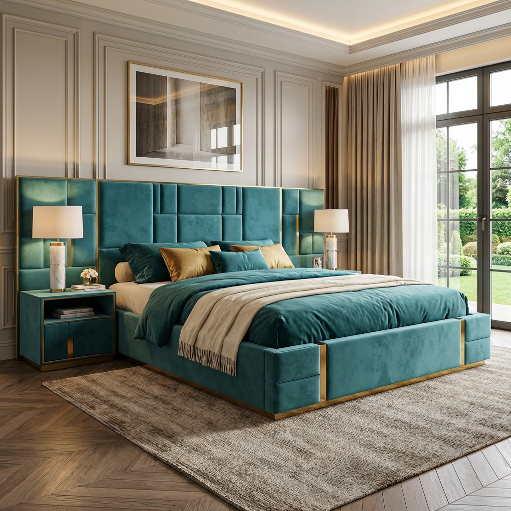 Modern bedroom with teal bed and matching headboard