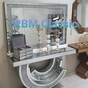 Eclipse Luxury and Stylish Glass Mirror Console Table and Rectangular Mirror in Silver with Crushed Diamond Glass