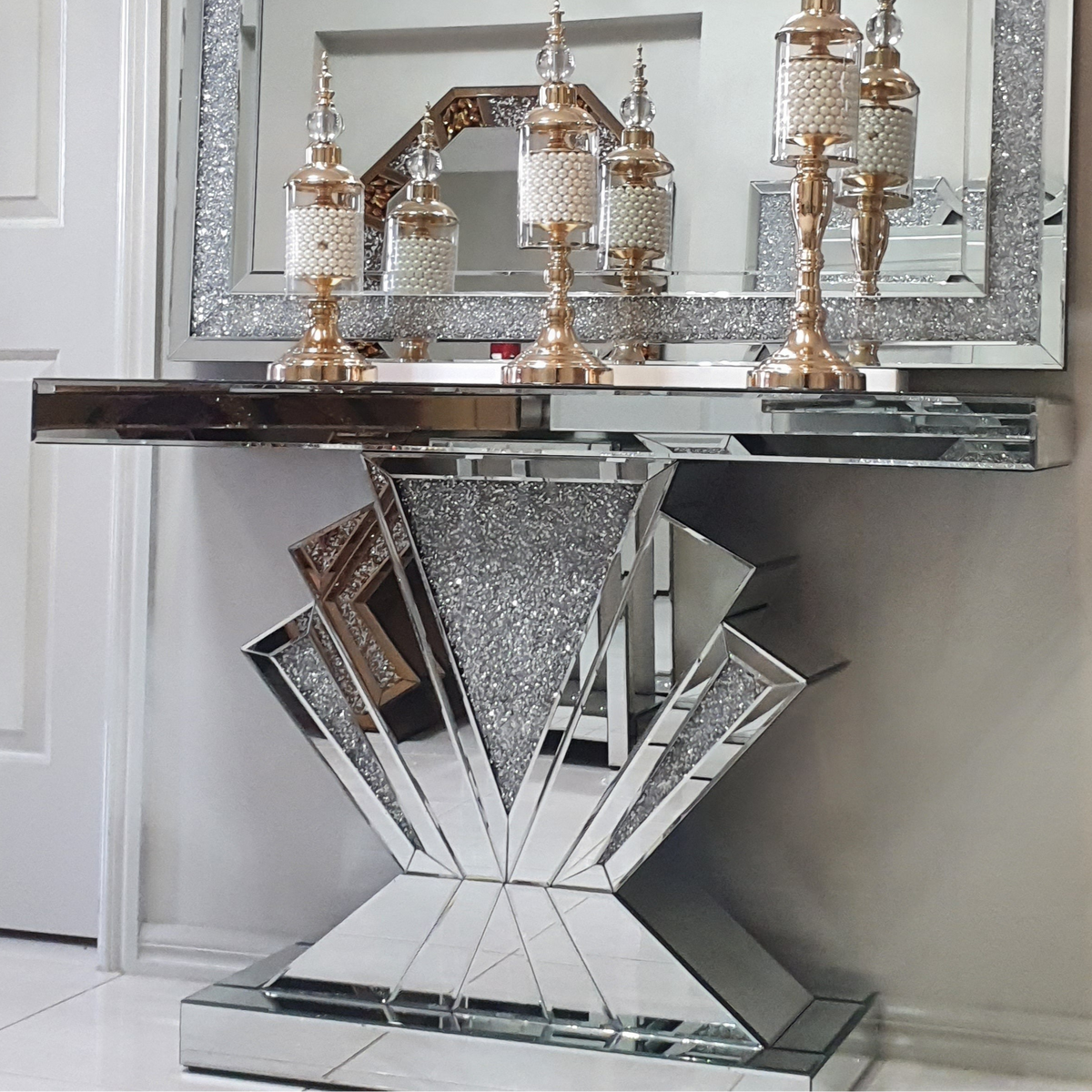 Mirrored Glass Console Table (T-Shaped)