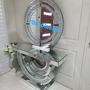 Eclipse Luxury and Stylish Glass Mirror Console Table and Circle / Round Mirror in Silver with Crushed Diamond Glass