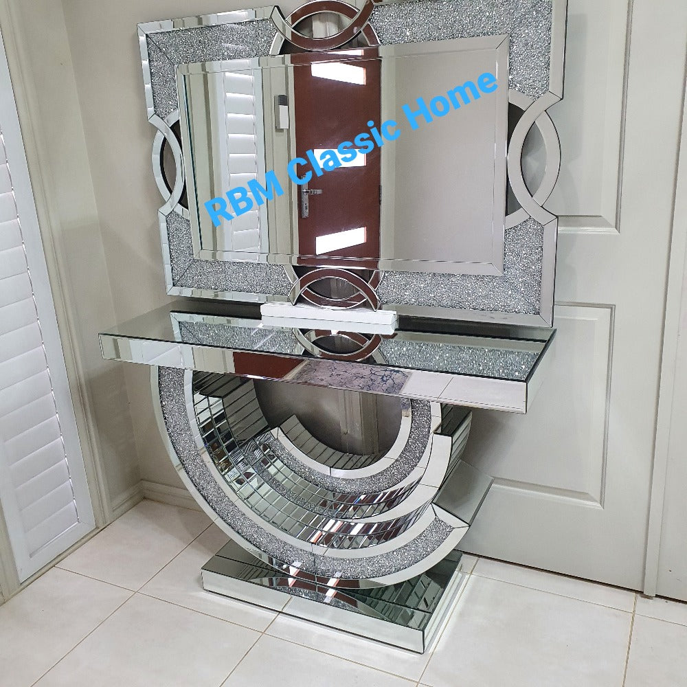 Eclipse Luxury and Stylish Glass Mirror Console Table and Mirror in Silver with Crushed Diamond Glass in Silver and Modern Hallway Mirror