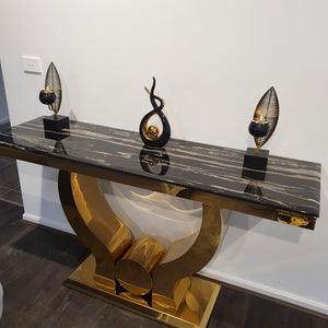 Modern Stylish U-Shaped Black Grey Marble Hallway Console Table With Gold Stainless Steel Frame With Wall Mirror