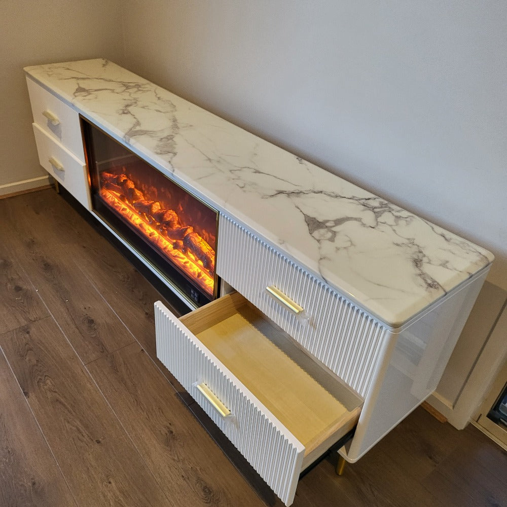 Classy Modern White MDF Material with Bronze Stainless Steel Frame and Black White Marble TV Cabinet with a Fireplace Reflector and a Remote