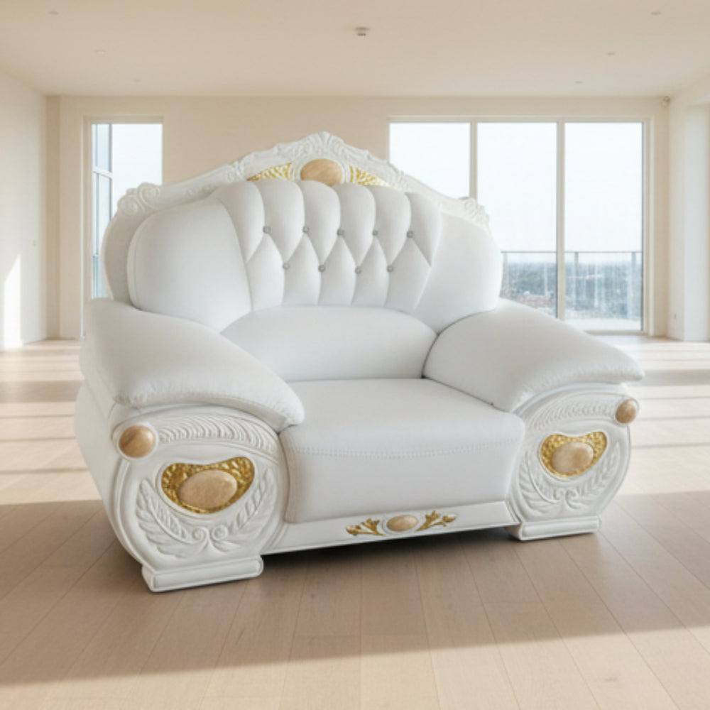 Decorative white sofa with gold accents in a showroom setting