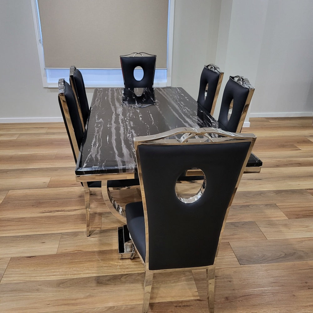 Classic 6-Seater Marble Dining Table With Circle Black Leather Dining Room Chairs in Silver Stainless Steel Frame