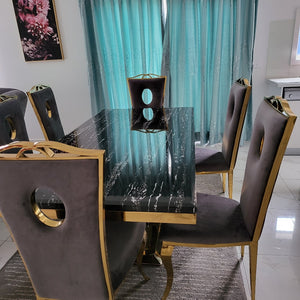 RBM Classic Home Online Furniture Store / Shop With Cheap / Discounted Prices. Luxurious and Stylish U-Shaped Marble Dining table with Gold Circle Grey Velvet Dining Room Chairs in Gold Stainless Steel Frame.