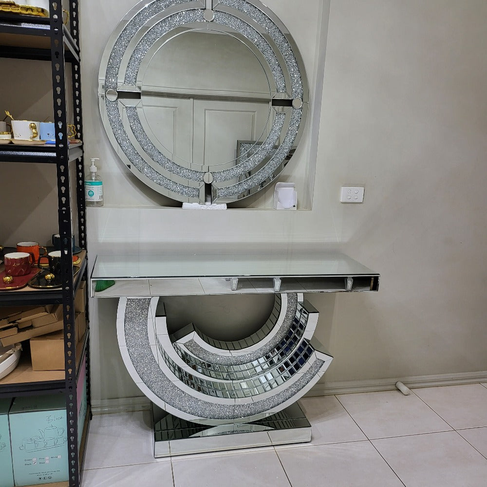 Eclipse Luxury and Stylish Glass Mirror Console Table and Circle Hallway Mirror in Silver with Crushed Diamond Glass