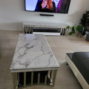 Elegant Modern-Designed Classic TV Stand with 2 Drawers in Gold Stainless Steel Frame  With White Grey Marble