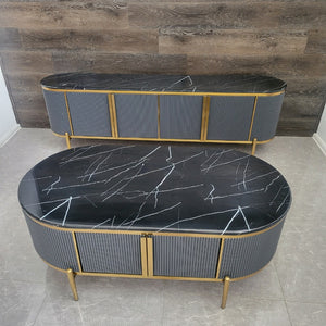 Modern Black / Grey MDF Material TV Unit/stand Coffee Table with Blackish Marble Top and Bronze Stainless Steel Frame