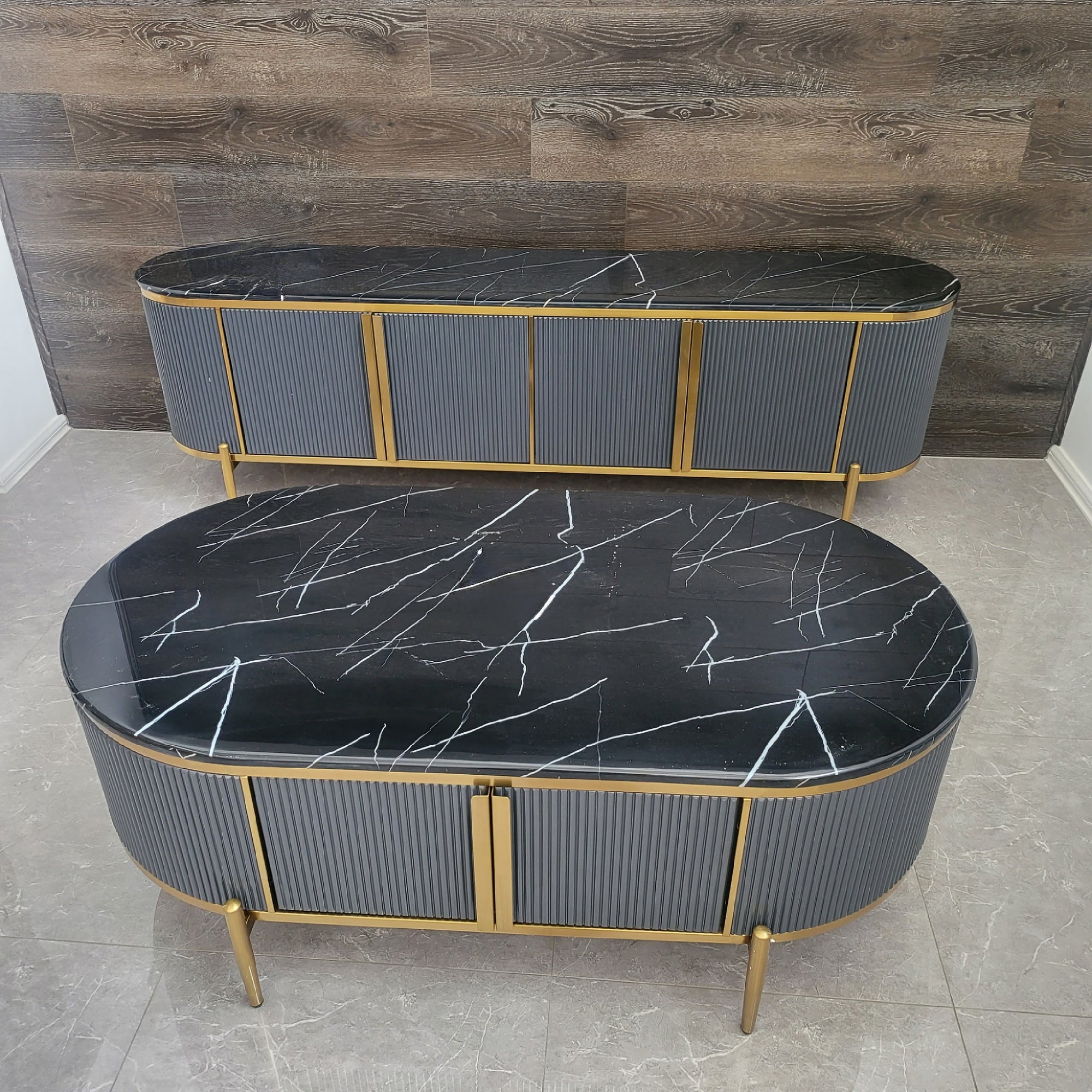 TV Stand and Coffee Table in Dark Grey MDF with Black Marble top