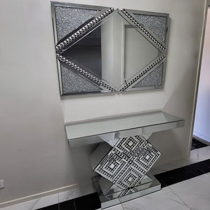 Silver Modern Classy Glass Mirrored Glass Hallway / Entry Console Table and Mirror with Diamond Crushed Glass Diamond Shaped