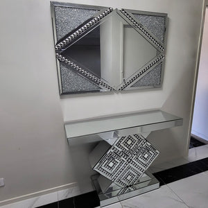 Silver Modern Classy Glass Mirrored Glass Hallway / Entry Console Table and Mirror with Diamond Crushed Glass Diamond Shaped