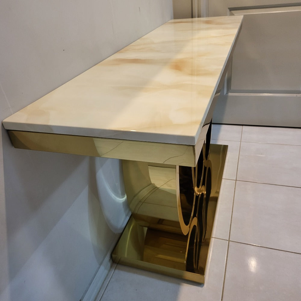 Audi Stylish And Luxurious Black Marble Console Table Featuring A Durable Gold Stainless Steel Frame