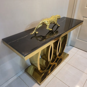 Audi Stylish And Luxurious Black Marble Console Table Featuring A Durable Gold Stainless Steel Frame