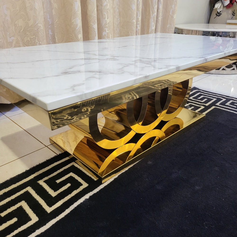 RBM Classic Home Furniture Store / Shop with Modern Circles White Grey Marble Coffee Table with Gold Stainless Steel Frame
