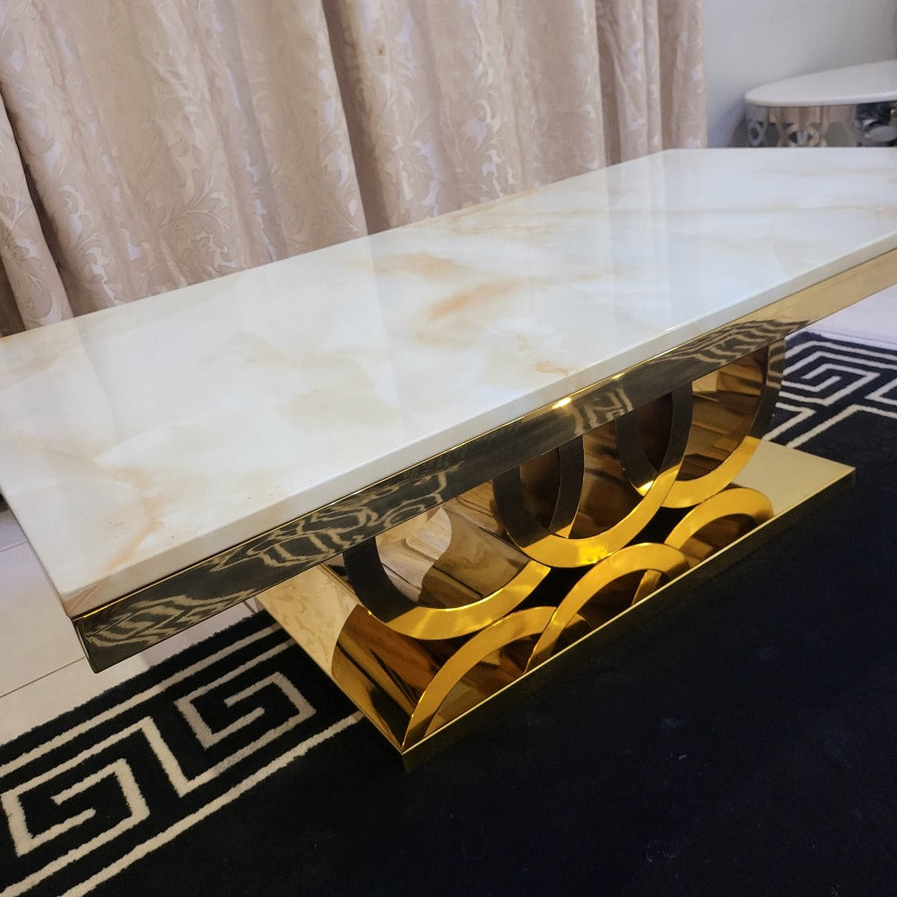 RBM Classic Home Furniture Store / Shop with Modern Circles Marble Coffee Table with Gold Stainless Steel Frame