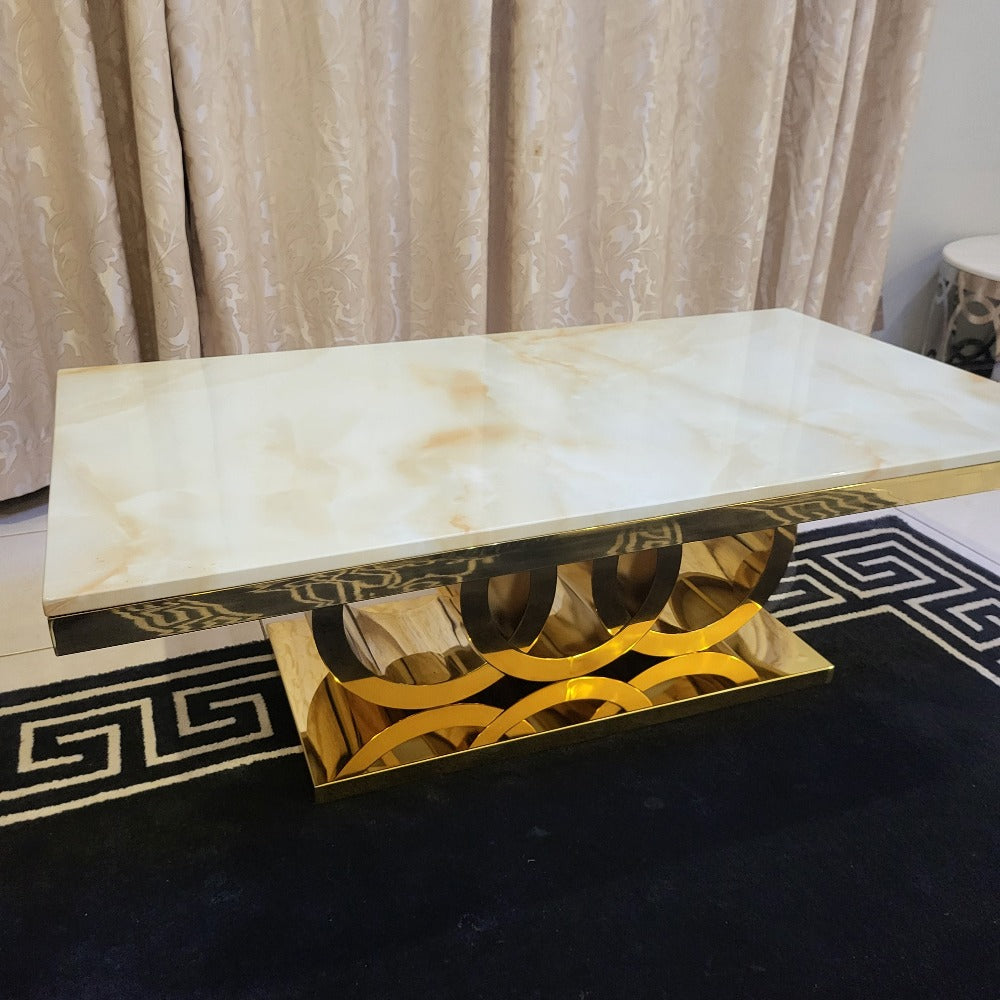 RBM Classic Home Furniture Store / Shop with Modern Circles With Cream Brown Marble Coffee Table with Gold Stainless Steel Frame