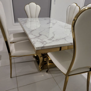 Modern U-Shaped Marble Dining Table With White Leather Style Dining Room Chairs in Gold Stainless Steel Frame