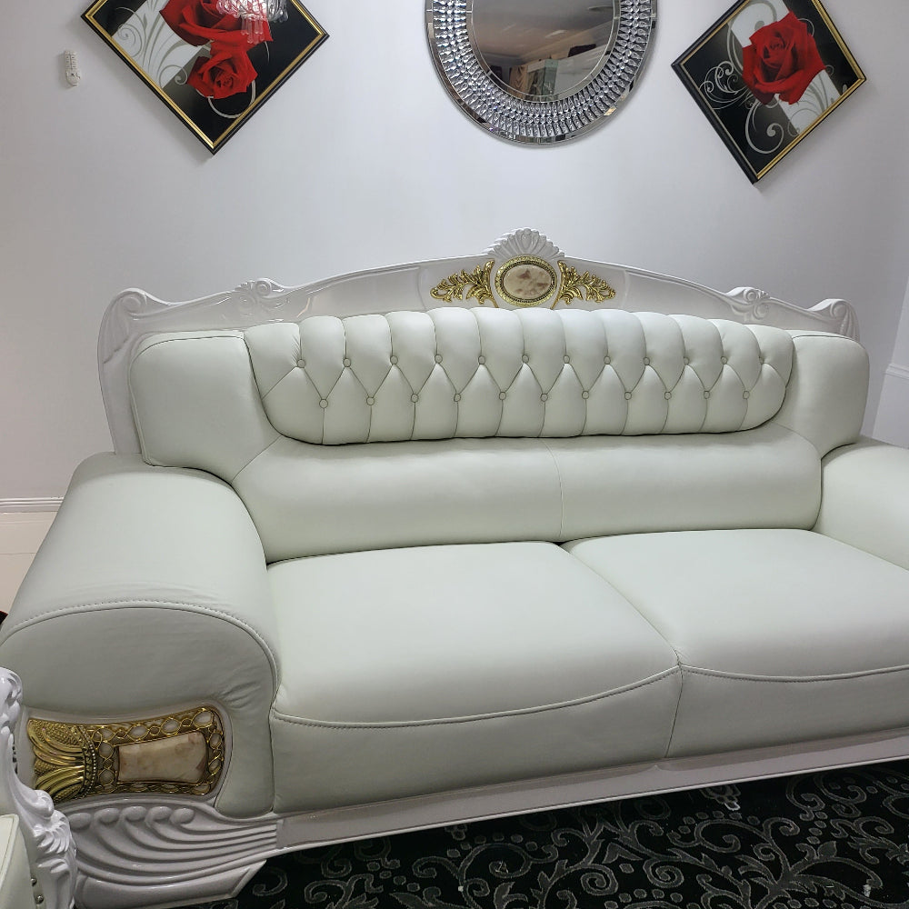 Real / Genuine Leather Sofas / Couches in White with 24 karat Gold Trims and Modern Wood Finish 