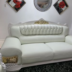 Real / Genuine Leather Sofas / Couches in White with 24 karat Gold Trims and Modern Wood Finish 