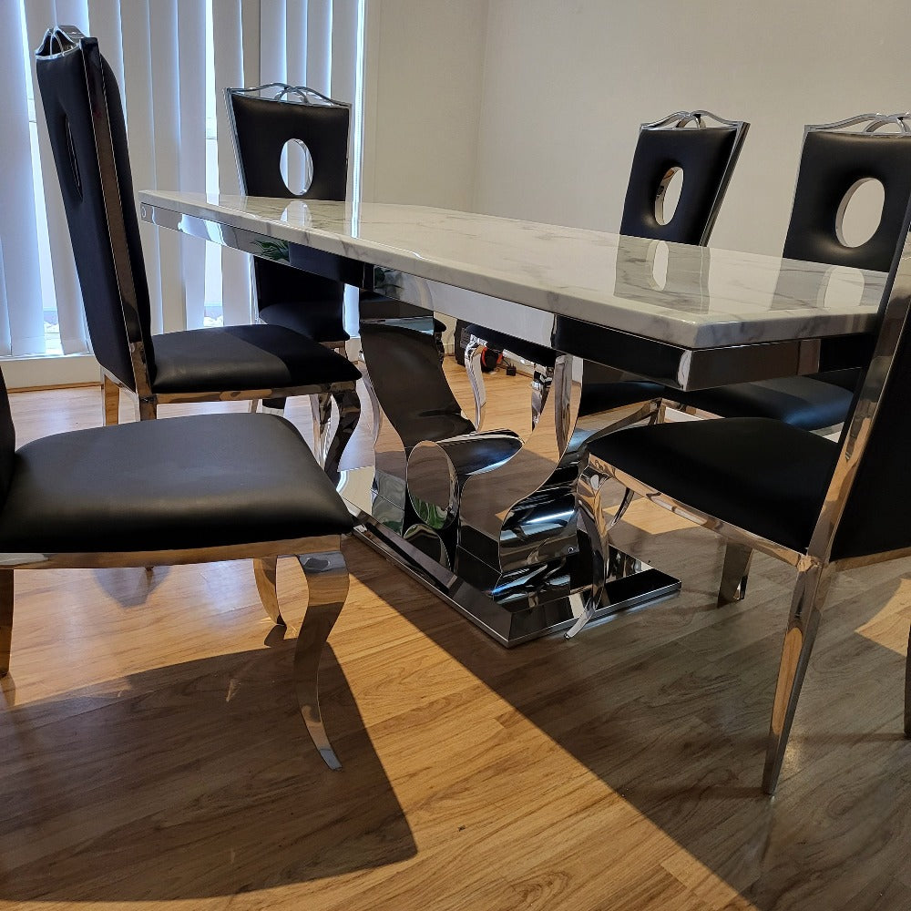 RBM Classic Home Online Furniture Store / Shop With Cheap / Discounted Prices. Luxurious and Stylish U-Shaped Marble Dining table with Gold GG Classy Black Velvet Dining Room Chairs in Silver Stainless Steel Frame.