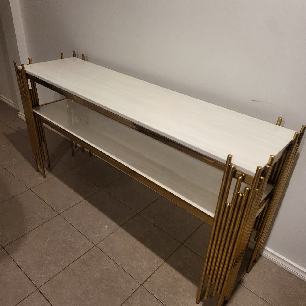 Elegant Cream Marble Hallway /Entry Console with Stainless Steel Frame in Gold