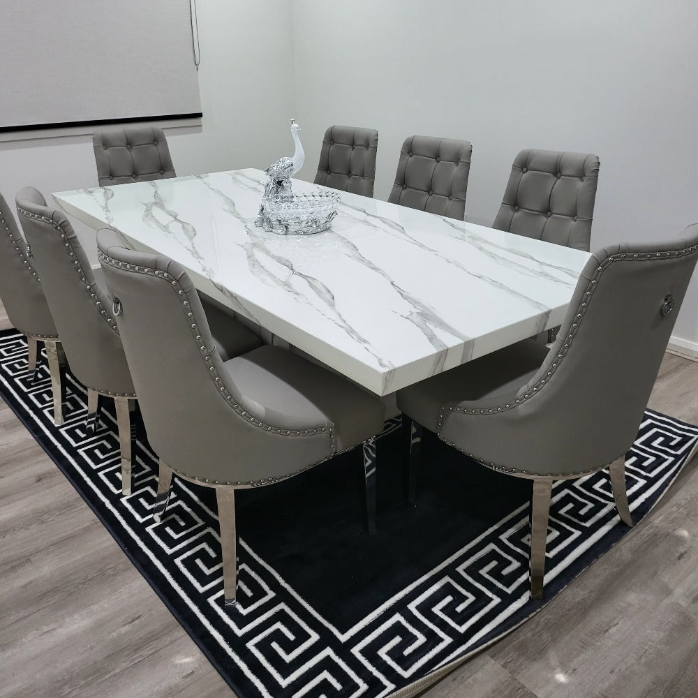 Luxurious Modern Classy White Grey Marble Dining Table with 8 Modern Grey Leather in Silver Stainless Steel frame