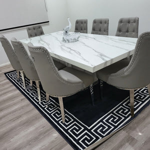 Modern Classy White Grey Marble Dining Table with 8 Modern Grey Leather in Silver Stainless Steel frame