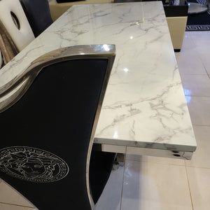 RBM Classic Home Online Furniture Store / Shop With Cheap / Discounted Prices. Luxurious and Stylish Elegant Marble Dining table with Gold Modern Black Velvet Dining Room Chairs in Silver Stainless Steel Frame.