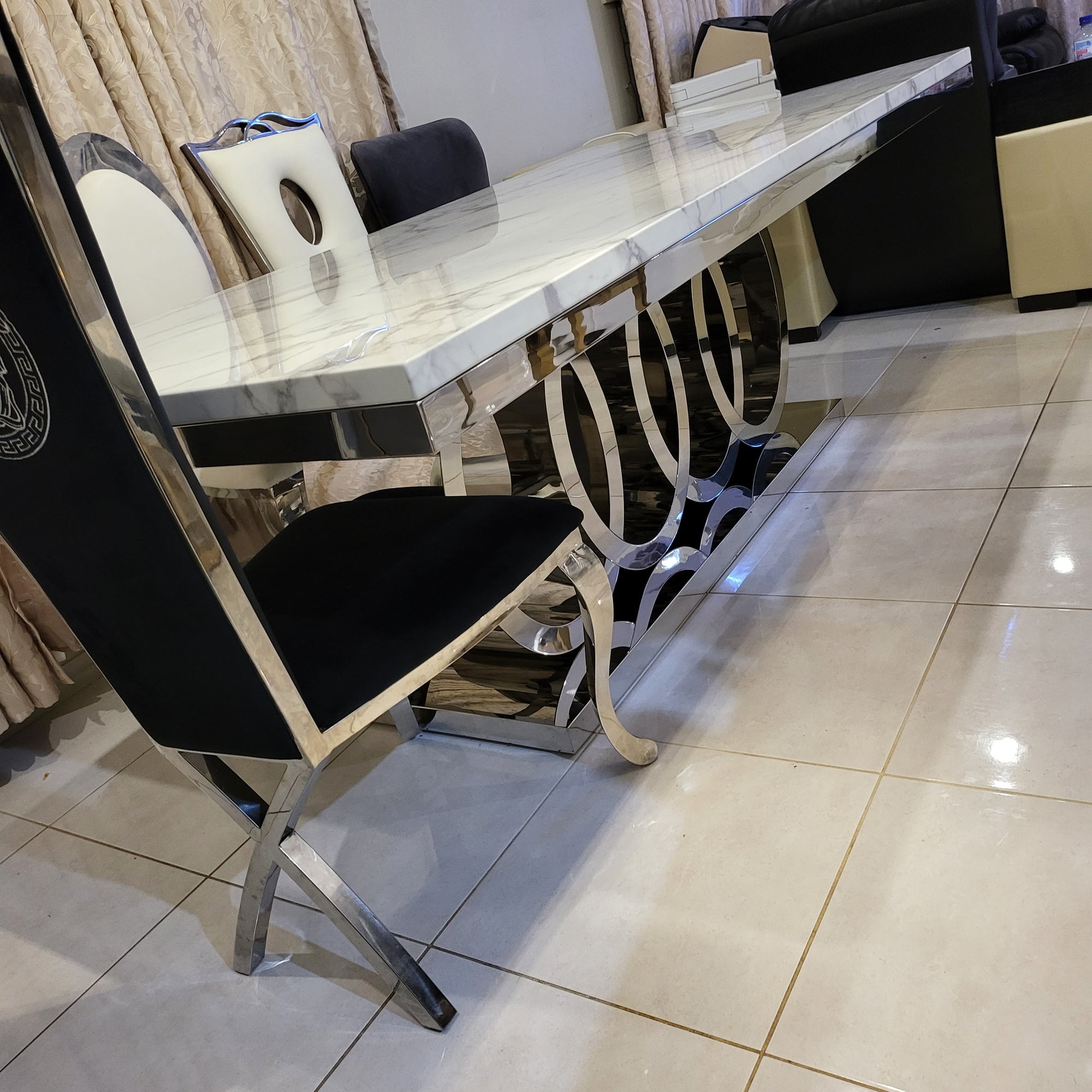White Grey Marble Dining Table With Silver Stainless Steel Frame