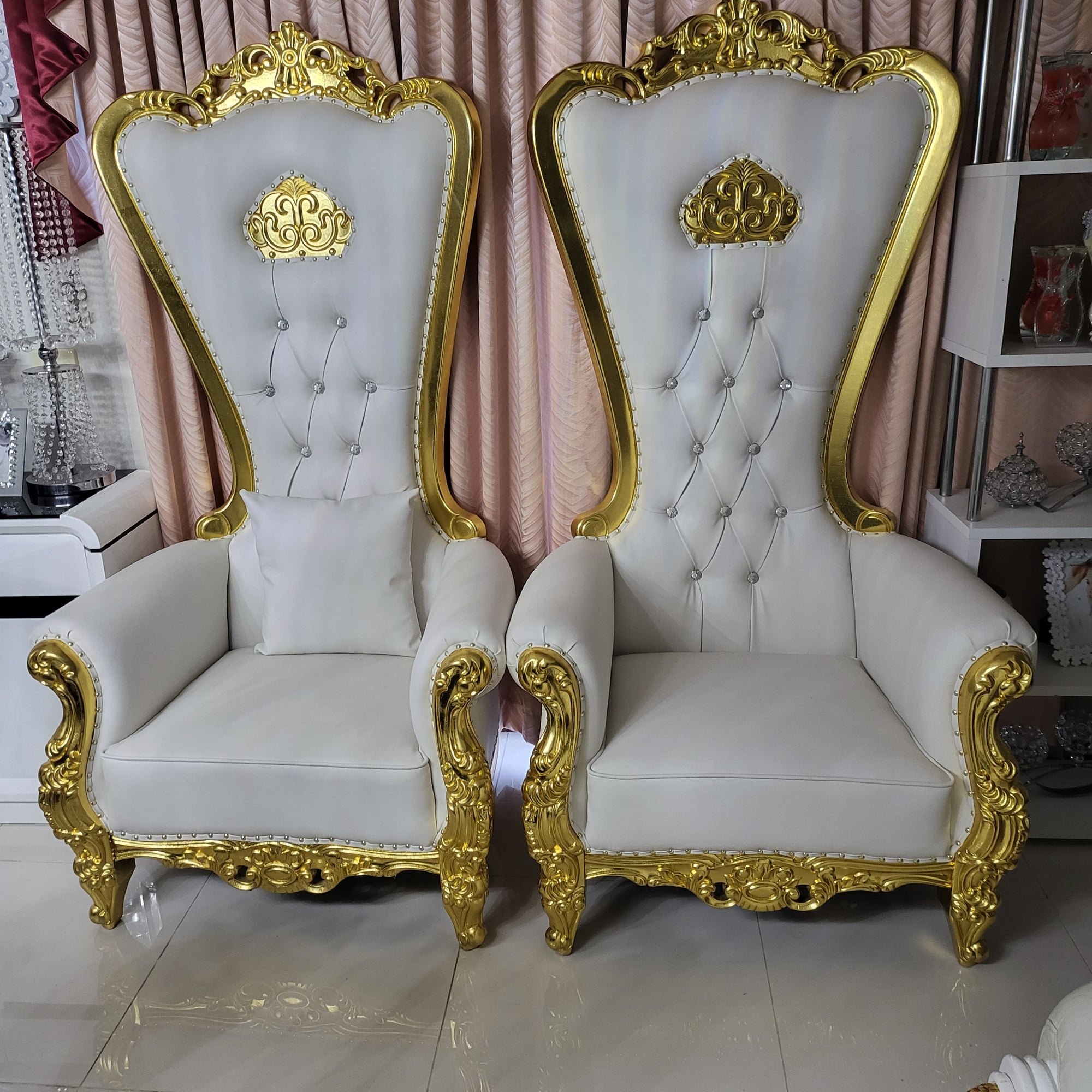 Gold Queen / King Throne Chairs with White Leather material