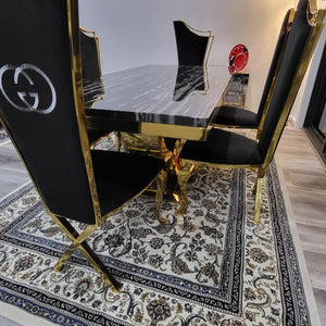 RBM Classic Home Online Furniture Store / Shop With Cheap / Discounted Prices. Luxurious and Stylish U-Shaped Marble Dining table with Gold GG Classy Black Velvet Dining Room Chairs in Gold Stainless Steel Frame.