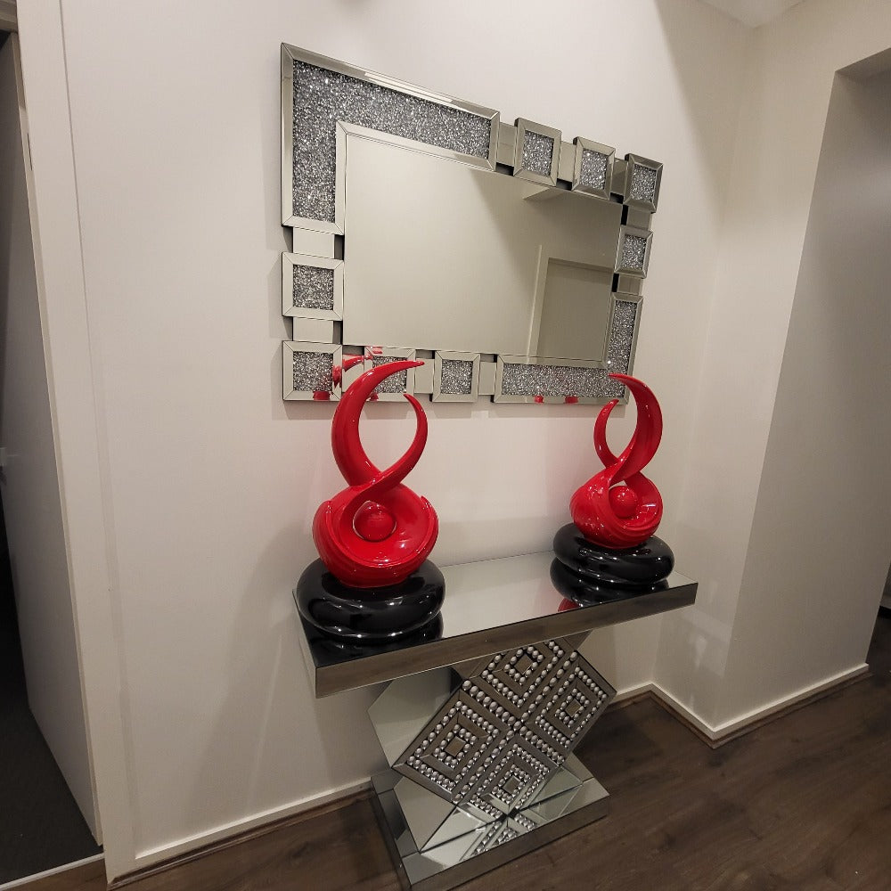 Silver Modern Classy Glass Mirrored Glass Hallway / Entry Console Table and Mirror with Diamond Crushed Glass Diamond Shaped