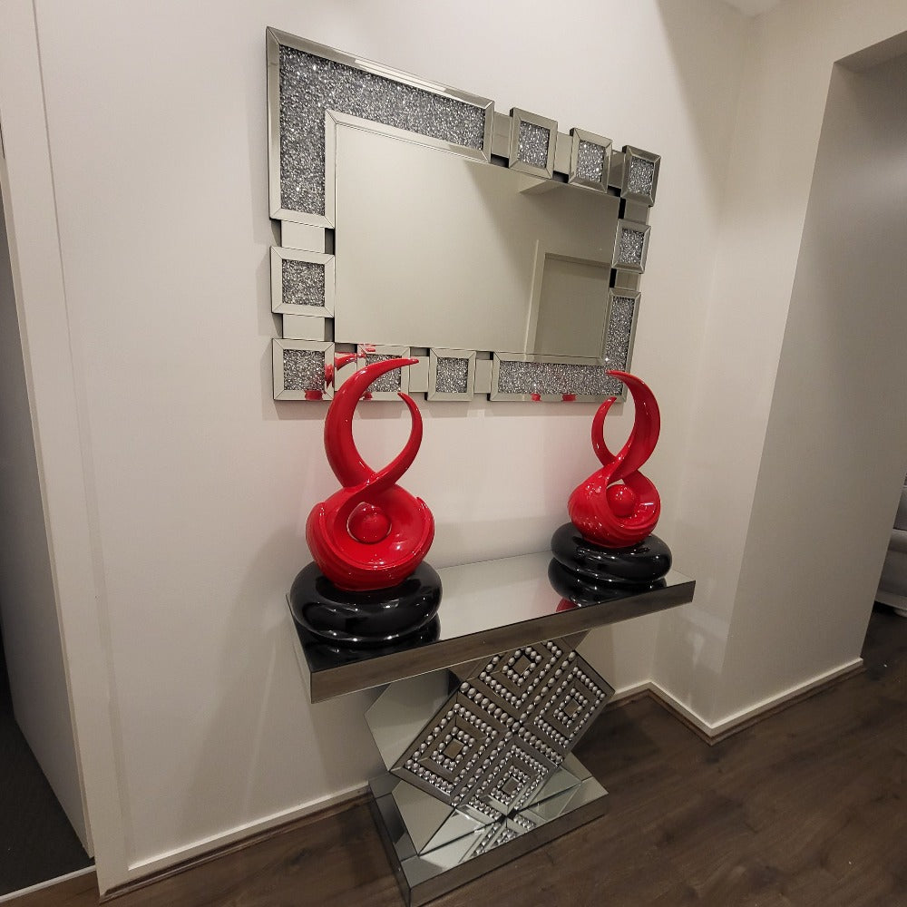 Silver Modern Classy Glass Mirrored Glass Hallway / Entry Console Table and Mirror with Diamond Crushed Glass With Modern Diamond Shaped