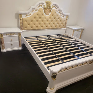 Traditional Cream Bed Set/suite includes a Bed, Mattress, Two Side Tables, a Dressing Table and a Stool in Classy Modern MDF Material.