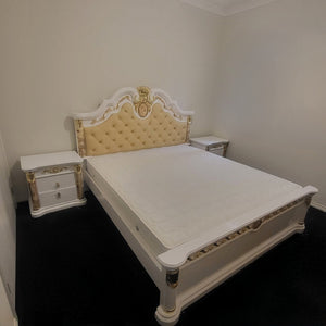 Traditional Cream Leather Bed Set/suite includes a Bed, Mattress, Two Side Tables, a Dressing Table and a Stool in Classy Modern MDF Material.