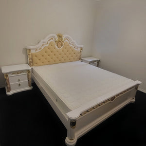 Traditional Cream Leather Bed Set/suite includes a Bed, Mattress, Two Side Tables, a Dressing Table and a Stool in Classy Modern MDF Material.