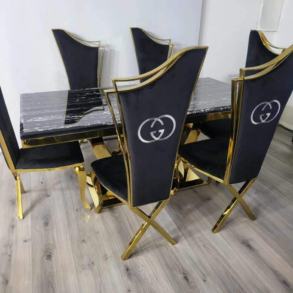 RBM Classic Home Online Furniture Store / Shop With Cheap / Discounted Prices. Luxurious and Stylish U-Shaped Marble Dining table with Gold GG Classy Black Velvet Dining Room Chairs in Gold Stainless Steel Frame.