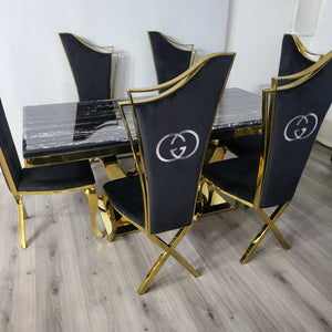RBM Classic Home Online Furniture Store / Shop With Cheap / Discounted Prices. Luxurious and Stylish U-Shaped Marble Dining table with Gold GG Classy Black Velvet Dining Room Chairs in Gold Stainless Steel Frame.